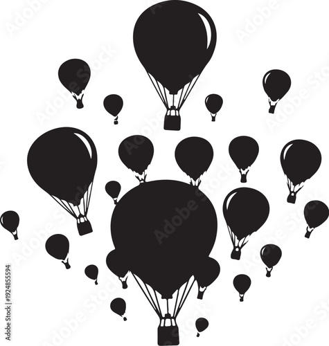 Black hot air balloons flying in the white sky