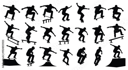 Skateboarder Performing Tricks Silhouette Collection Illustration