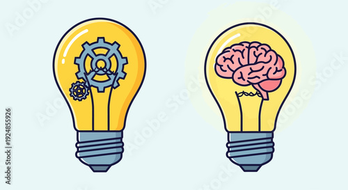 Conceptual image of two light bulbs, one containing gears for mechanics and the other a brain for creative thinking.