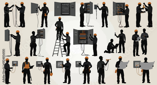 Electrician Working Poses Silhouette Collection Illustration