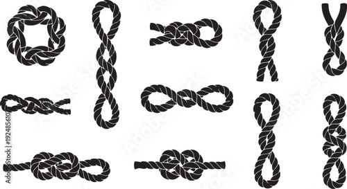 Various knots and rope ties on a white background
