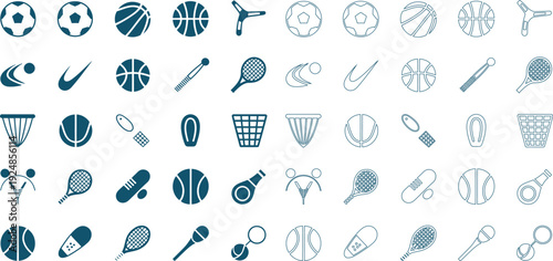 Sports equipment and game in solid and outline styles for various activities