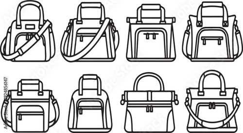 A collection of various types of bags and backpacks in a line. Vector