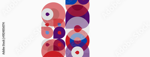 Abstract composition featuring overlapping circles. Various shades pink, purple, blue create dynamic visual texture. Minimalist design, clean background.