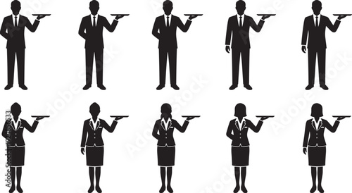 Waiter and waitress silhouette set holding serving tray, professional hospitality staff vector illustration isolated on white background