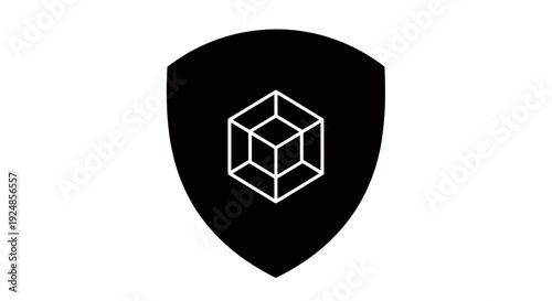 Minimalist shield logo featuring a white wireframe cube within a black shield emblem.