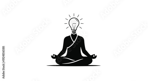 Silhouette of a person meditating with a glowing lightbulb for a head, symbolizing inspiration and new ideas.