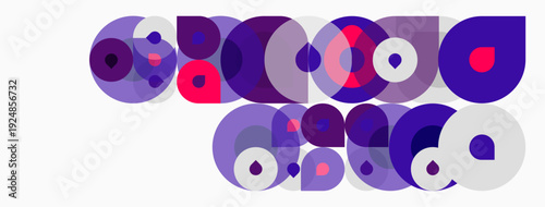 Abstract circles overlap, creating vibrant purple, lilac, pink hues. Geometric shapes form playful composition. Modern design.
