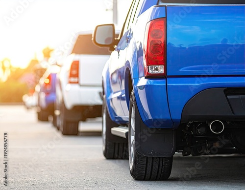 Blue pickup truck rear view, parked in a row
