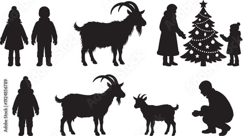 Winter children and goat silhouettes set, family decorating Christmas tree festive holiday scene isolated on white