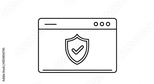 Minimal vector icon showing a secure browser window with a shield for online safety and authentication.