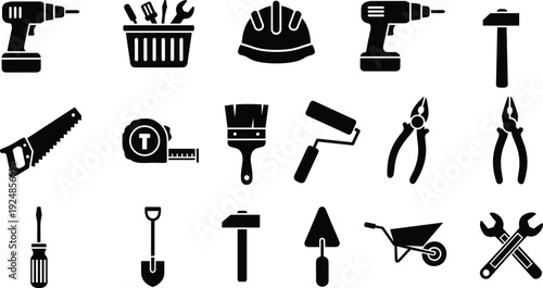 Construction tools silhouette icon collection vector illustration featuring drill, hammer, saw, pliers, safety helmet and repair equipment, flat design, isolated work symbols