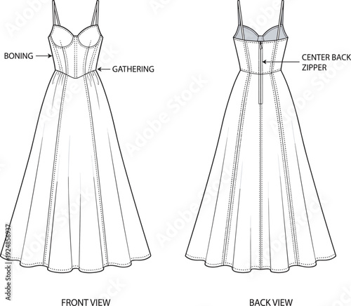 Women corset maxi dress vector line art, boning detail evening gown front back technical illustration