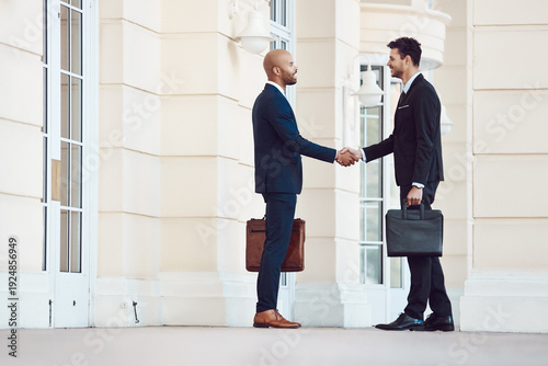 Tableau sur toile Business, people and lawyer with handshake in city for greeting, welcome and legal agreement