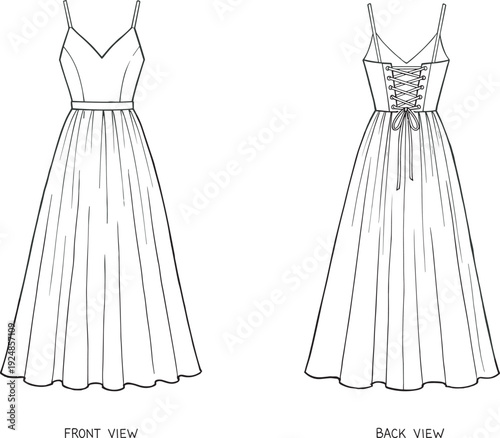 Women lace up back maxi dress vector line art, spaghetti strap evening gown illustration