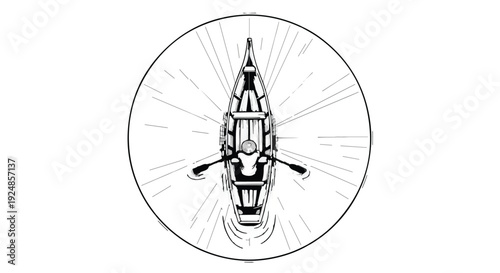 Top view of a person rowing a boat on calm water with radiating lines suggesting movement or sun.