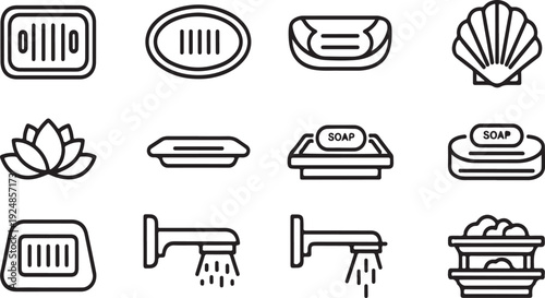 A collection of various bathroom fixtures and accessories in a simple line drawing style Vector