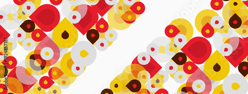 Abstract background features overlapping circles. Colors include red, yellow, orange, gray. Design appears modern, playful.