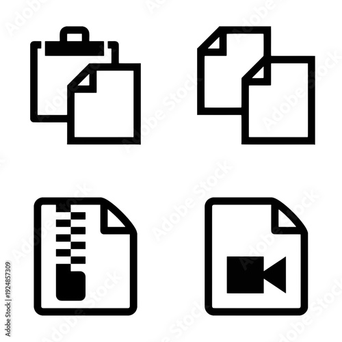 A collection of minimalist line icons representing various document types: a clipboard with paper, a copy/duplicate file symbol, a compressed ZIP archive folder, and a video file format icon. Perfect 