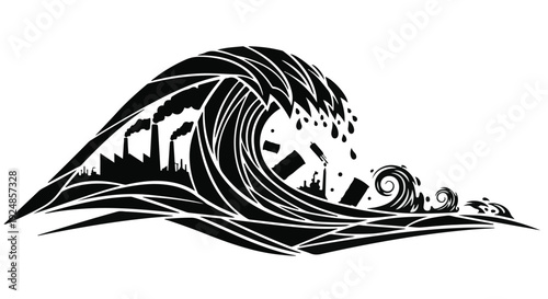 Massive wave crashing with silhouettes of factories and industrial waste, symbolizing pollution and environmental disaster.