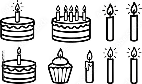 Birthday icon set with cakes and candles