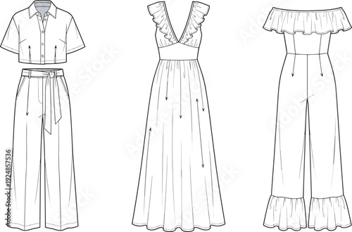 Women summer outfit set vector line art, maxi dress wide leg pants and jumpsuit fashion illustration