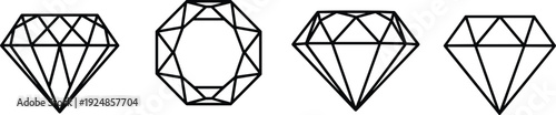 Diamond gemstone outline icon set vector illustration featuring luxury crystal shapes, jewelry symbols, geometric line art, minimal design, isolated precious stone icons