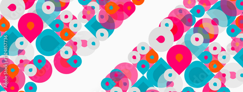 Abstract colorful circles overlap, creating dynamic pattern. White space dominates background, offering clean contrast.