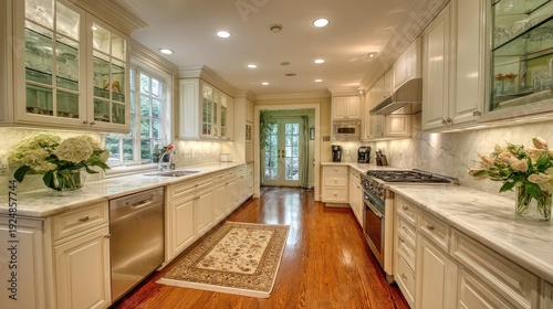 Modern Bright Kitchen with Marble Countertops, White Cabinets, Wood Floors, and Natural Light from Large Windows