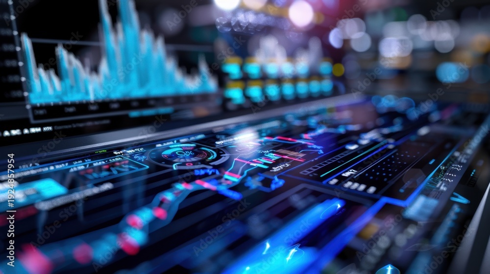 Obraz premium Futuristic Digital Interface with Data Visualization and Analysis Tools in a High-Tech Environment