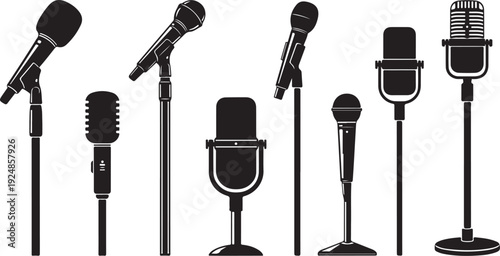 Various Microphones on Stands for Recording and Broadcasting Purposes