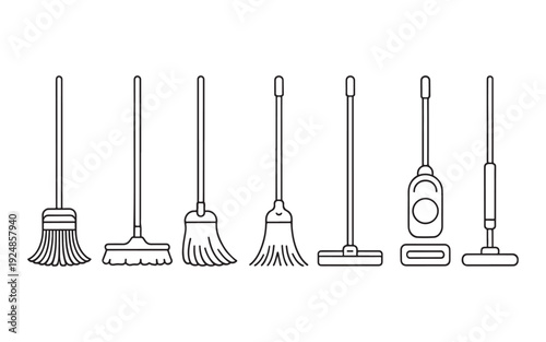 Household Cleaning Tools Outline Icons Set - Various Brooms and Mops Collection