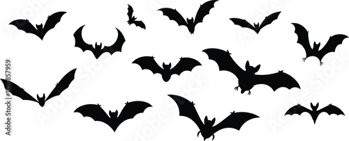 Collection of black bat silhouettes in various flying and resting poses on white background bats