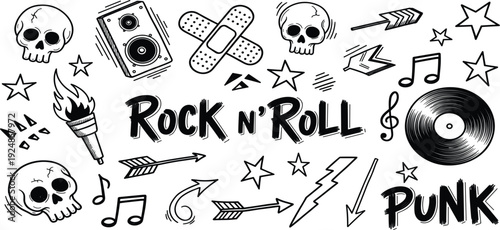 Rock and Roll Punk Music Doodle Set with Skull Vinyl Record Lightning Guitar and Hand Drawn Elements for Band Posters and Music Designs