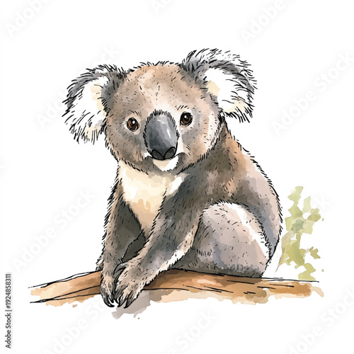 Watercolor Koala Portrait on a Branch