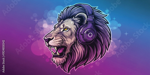 Lion Head with Headphones Music Illustration Powerful Animal Mascot for DJ Audio Sound Gaming Logo and Modern Entertainment Design Projects