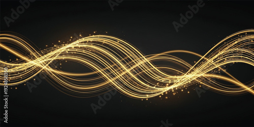 Luxury Golden Light Wave Abstract Background with Glowing Flowing Lines and Sparkle Particles for Elegant Music, Technology, and Premium Design Projects