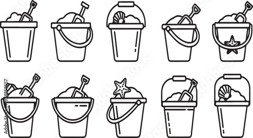 Assorted buckets with various tools and accessories depicted in a simple line drawing Vector
