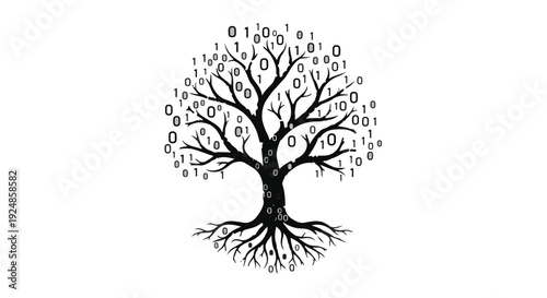 Tree of knowledge with binary code leaves symbolizes digital growth and information