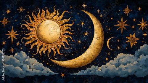 Celestial gold sun and crescent moon dance across a textured navy sky with soft clouds and glittering stars. Evokes serene nights, dreams, and mystic wonder. Abstract Boho Style