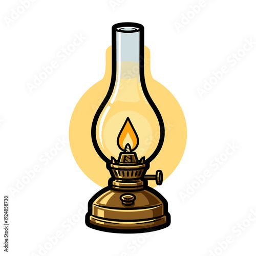 An illustration of a vintage oil lamp on a plain background, glowing softly from a central viewpoint.