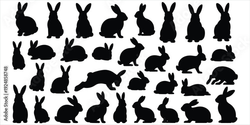Collection of Black Rabbit Silhouettes in Various Poses on White Background Keywords: rabbit, bunny, silhouette, animal, pet