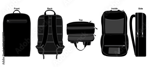 Black Backpack Front Back Side Top and Inside View Vector Template
