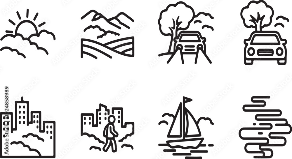 Fototapeta premium A collection of diverse icons representing various activities and landmarks. Vector
