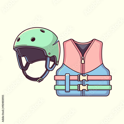 Safety gear for water sports, helmet and life jacket, cartoon illustration on a plain background