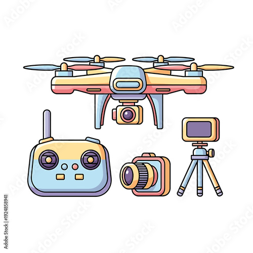 Drone and photography equipment set against a clean background, showcasing modern technology and visual capture devices from a straightforward viewpoint
