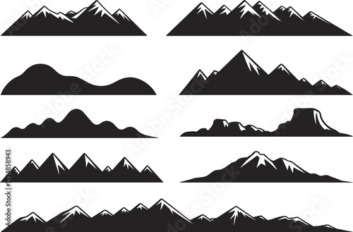 Collection of black silhouette mountain range vector graphics with white highlights Keywords: mountain, mountains, silhouette