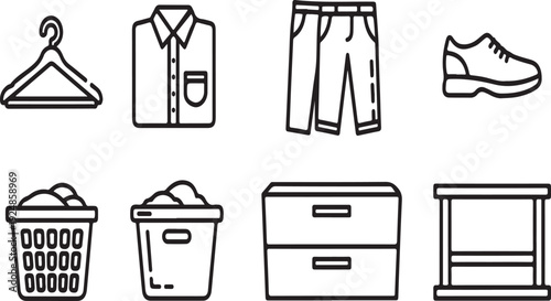 Illustrations of various clothing items and storage furniture Vector