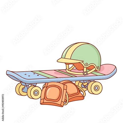 A skateboard, helmet, and backpack lie on the ground, ready for an adventure, viewed from the side.
