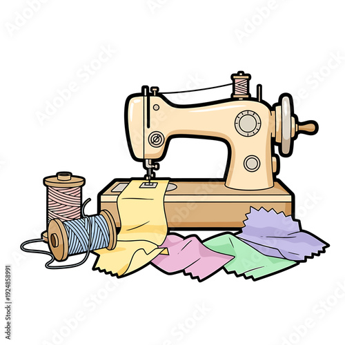 Vintage sewing machine with fabric and threads in a cozy home workspace viewed from the front